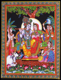 Indiase wandkleed muurkleed katoen krishna en Radha met vrouwen en heilige koe c.a.  80 x 110 cm