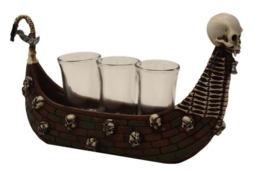 Doodskop schip met 3 shot glazen - Magere Hein Charon Viking Gothic Horror - 26 cm lang