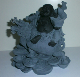 Happy Boeddha op Schildpad met Drakenhoofd en munten - hematiet - 13 cm hoog