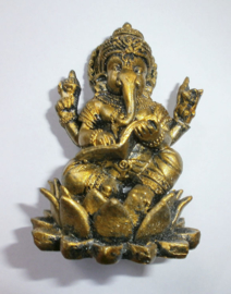 Bronskleurige Ganesha op lotus met boek 7 cm hoog