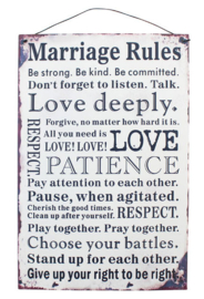 Blikken metalen wandbord Marriage Rules 20 x 30 cm