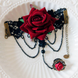 Rode roos Gothic romantische armband met zwarte kettingen en ring