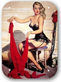 Blikken metalen wandbord Pinup Girl Gil Elvgren 15 x 20 cm meisje rode sjaal