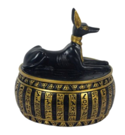 Anubis doos rond zwart goud polyresin 11 cm hoog 9 cm doorsnee