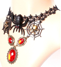 Zwarte kanten vampierenketting choker met doodskoppen en rode strass stenen