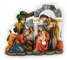 Kerststuk heilige familie en drie wijzen mannen - 14 cm hoog