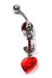 Navelpiercing strass hangend hart rood - 5 cm lang