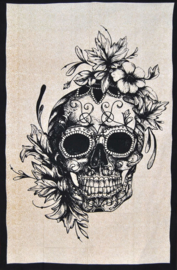 Bedsprei wandkleed eenpersoons Day of the Dead doodskop met rozen zwartwit - 120 x 220 cm