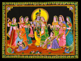 Muurkleed Krishna en Rhada en meisjes spelend muziek - 80 x 110 cm