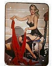 Blikken metalen wandbord Pinup Girl Gil Elvgren 15 x 20 cm meisje rode sjaal