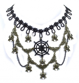 Eye of the Spider - Gothic zwarte kanten choker met brons accenten