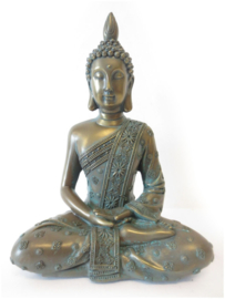 Mediterende Thaise Boeddha Brons Groen - 20 cm hoog