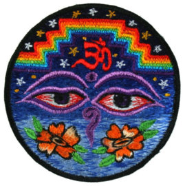 Etnisch Fabriek Patch Jasdecoratie uit Nepal - Boeddha Ogen met OHM - 8 cm doorsnee