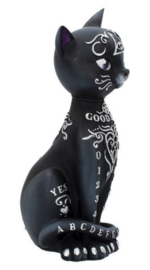 Mystic Kitty - zwarte kat met zilveren mystische symbolen pentagram ouija oog - 26 cm hoog