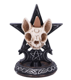 Familiar Worship - Doodskop van Kat met Pentagram en Keltische Symbolen - Backflow Wierookbrander - 15.3 cm hoog