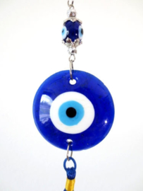 Gelukshanger grote glaze boze oog blauw - 5 cm doorsnee 31 cm lang