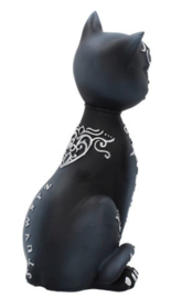 Mystic Kitty - zwarte kat met zilveren mystische symbolen pentagram ouija oog - 26 cm hoog