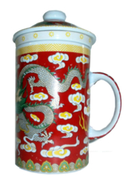 Driedelige porseleinen theemok - 14 x 7 cm - Rode Draak