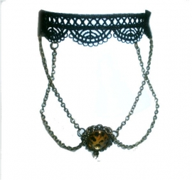 Golden pendant choker  - Gothic zwarte kanten choker