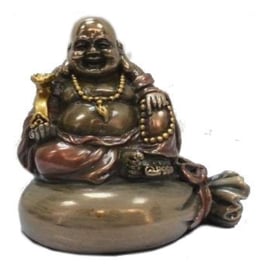 Bronskleurige Happy Boeddha op geldzak - 8 cm hoog