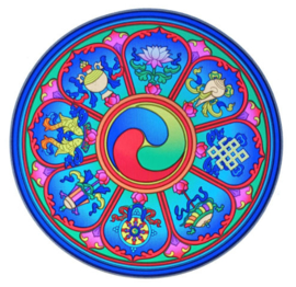 Raamsticker Tibetan Auspicious Symbols  - 14 cm Ø