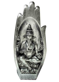 Ganesh beeld in hand zilver polystone 8.5x5x21cm