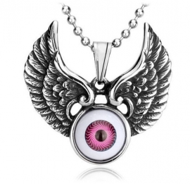 Roze boze oog met vleugels ketting 316 titanium staal - 3 x 4 cm