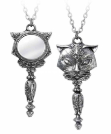 Alchemy Gothic nekketting met spiegel - Sacred Cat Vanitas - Egyptische occulte kat met 3e oog - 7.8 cm hoog