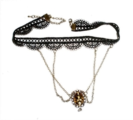 Golden pendant choker  - Gothic zwarte kanten choker