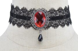 Zwarte Gothic kanten choker met rood steen