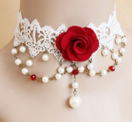 Witte Gothic lolita kanten choker met rode roos 4