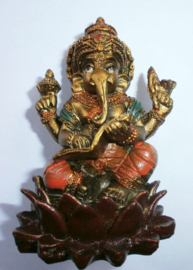 Bronskleurige Ganesha op lotus met boek 8 cm hoog