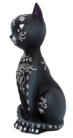 Mystic Kitty - zwarte kat met zilveren mystische symbolen pentagram ouija oog - 26 cm hoog