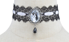 Zwarte Gothic kanten choker met helder steen