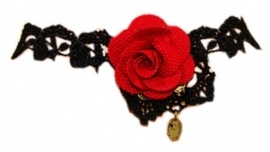 Red rose and black lace - zwarte gothic kanten choker