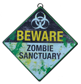Blikken wandbord - diamantvormig - Beware Zombie Sanctuary - 22 x 22cm
