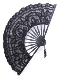 Fantasmagoria Secret Garden black Battenburg lace large folding fan