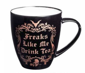 Alchemy of England - zwarte keramieke koffie mok - Freaks like me drink Tea - 10,9 cm hoog