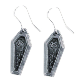 Alchemy Gothic oorbellen RIP Rose pewter doodskisten met rozen - 2.8 cm hoog