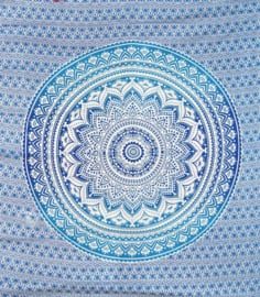 Bedsprei, wandkleed, grand foulard Bloem Mandala Blauw Turquoise - 210 x 220 cm