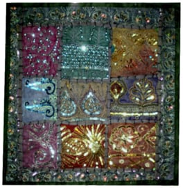 Indiase kussenhoes lapjesdessin met glitters donkergrijsgroen 40 x 40 cm
