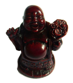 Rode resin happy buddha met goudzak 1