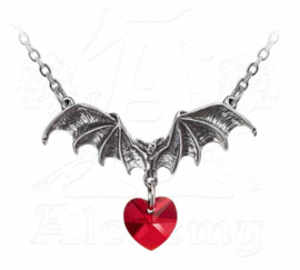 Alchemy Gothic nekketting - Vampire Love Heart - vleermuis met rood hart kristaal