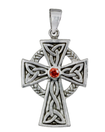 925 Sterling zilveren kettinghanger Keltisch kruis met rood strass steen - 35 x 23 mm
