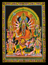 Muurkleed Durga met Ganesha, Leeuw en diverse goden - c.a. 80 x 110 cm
