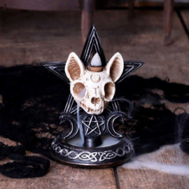 Familiar Worship - Doodskop van Kat met Pentagram en Keltische Symbolen - Backflow Wierookbrander - 15.3 cm hoog
