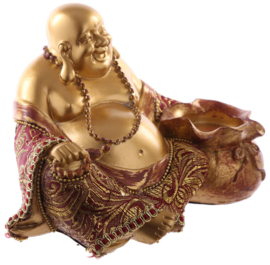 Zittende Chinese Boeddha Theelichthouder - Rood & Goud - 10,5 cm hoog
