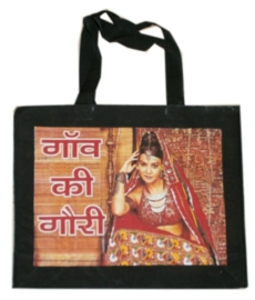 Zwarte canvas shopper Indiase dame in sari