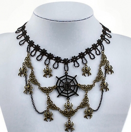 Eye of the Spider - Gothic zwarte kanten choker met brons accenten