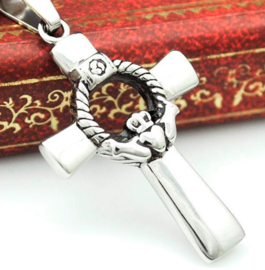 Nekketting 316 roestvrije staal Claddagh met Keltisch Kruis zilver - 4.5 cm hoog